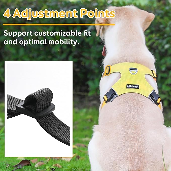 Dog Harness, Easy Walk Pet Harness No Pull with 2 Leash Clips, Reflective Running Soft Padded Adjustable Puppy Vest, Heavy Duty Seatbelt Harness for Car for Medium Large Dogs (Yellow, M)