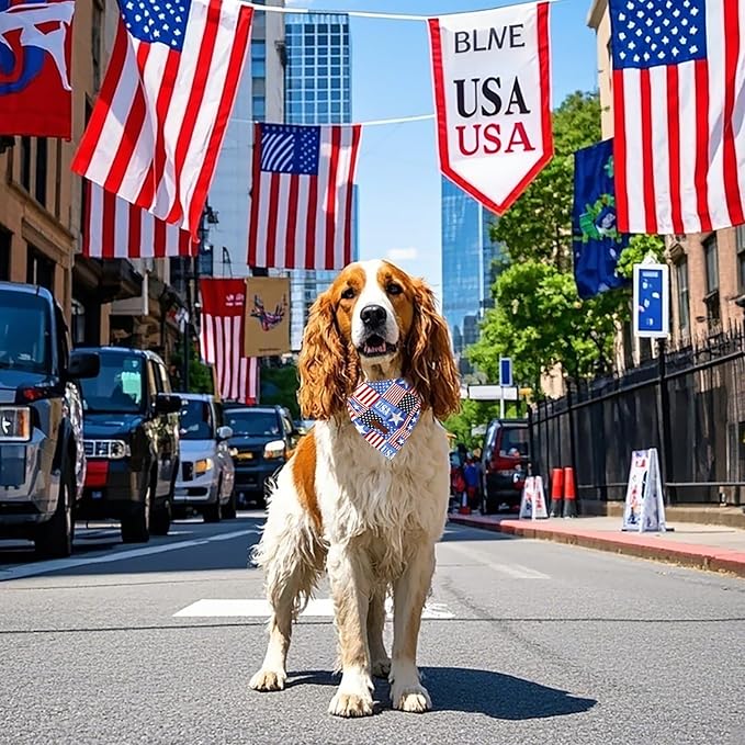 Lionet Paws Summer 2pcs Dog Bandanas, 4th of July USA Dog Scarf Bib Premium Fabric, Happy American Flag Blue Bandanas for Medium Large Dogs Pets