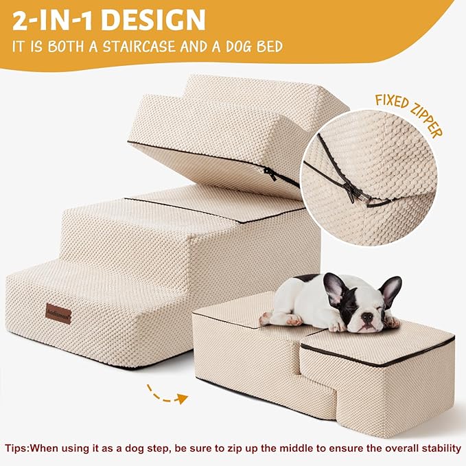 Dog Stairs for Small Dogs & Cats, 4-Step Non-Slip Pet Steps for Beds & Couches, Beige, 18.5" H