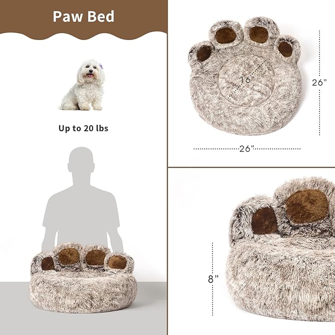 Jiupety Paw Shape Calming Pet Bed, Plush Faux Fur Donut Bed for Dogs & Cats, Machine Washable, Non-Slip Bottom, Large Size (26"×26"×8"), Gray