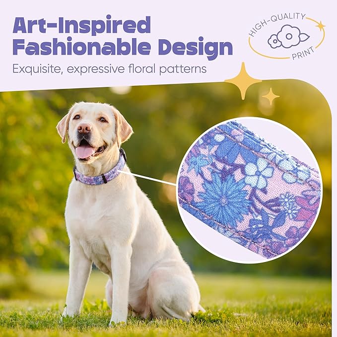 Dog Collar for Medium & Large Dogs - Flowers Cotton Padded Pattern on Long Lasting, Adjustable, Strong and Durable Collars - Choose from Stunning Patterns and Colors