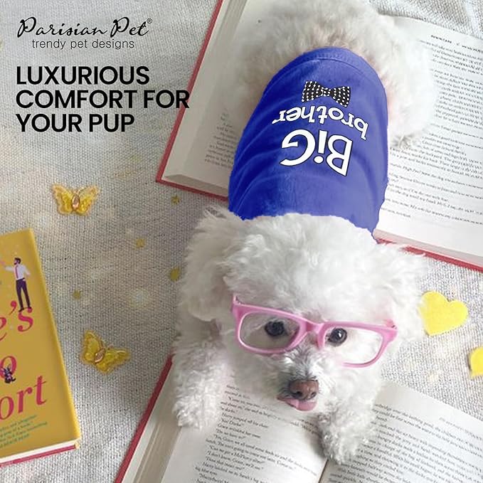 Parisian Pet Dog T-Shirt with Embroidered ' Big Brother ' Words - 100% Cotton, Sleeveless Pet Vest - Machine Washable Blue Dog Shirts for Small Dogs, XS