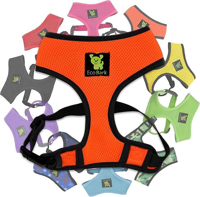 EcoBark Dog Harness - Eco-Friendly Max Comfort Harnesses - Luxurious Soft Mesh Halter - Over The Head Harness Vest- No Pull and No Choke for Puppy, Small Breeds & Medium Dogs (Large, Orange)