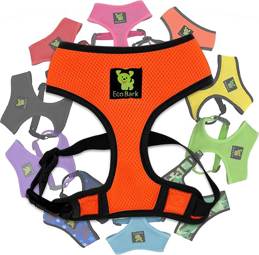 EcoBark Dog Harness - Eco-Friendly Max Comfort Harnesses - Luxurious Soft Mesh Halter - Over The Head Harness Vest- No Pull and No Choke for Puppy, Small Breeds & Medium Dogs (Large, Orange)