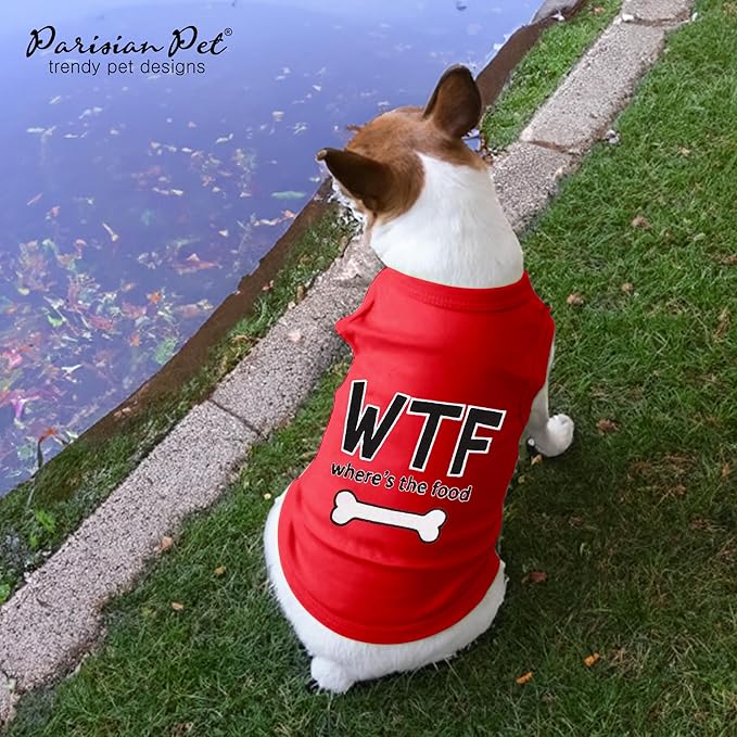 Parisian Pet Dog Tshirt - Embroidered “ WTF (Where’s The Food) “ Dog Shirt - Lightweight, Cotton Tank Top - Sleeveless Tee Shirts - Machine Washable Shirts for Large Dogs - XL