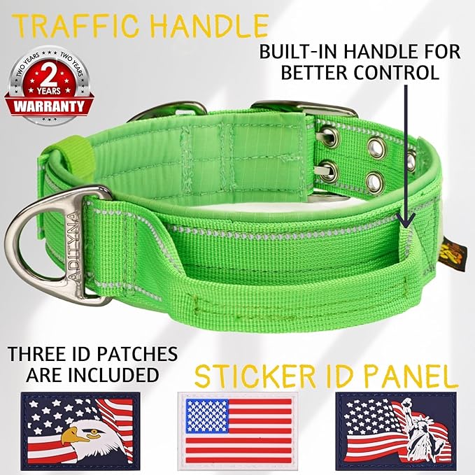 ADITYNA Heavy Duty Dog Collar for Medium Dogs - Reflective Green Collar with Handle for Training, and Walking - Wide, Thick, Tactical, Soft Neoprene Padded