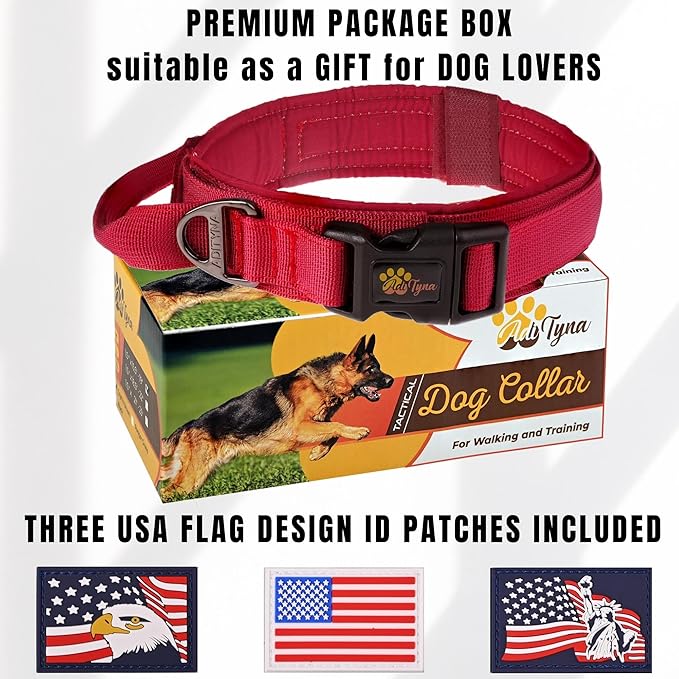 ADITYNA - Tactical Dog Collar for Large Dogs - Soft Padded, Heavy Duty, Adjustable Burgundy Dog Collar with Handle for Training and Walking