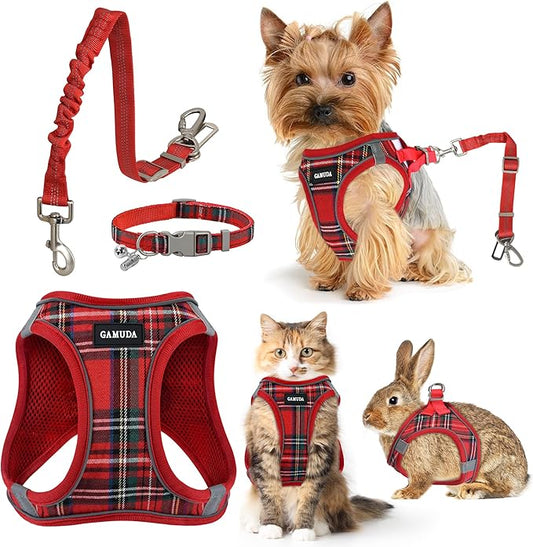 GAMUDA Dog Harness, Collar and Seat Belt Set, Vehicle Safety Harness, Retractable Adjustable Pet Seatbelts with Travel Strap and Carabiner for Most Cars (Red, XL)