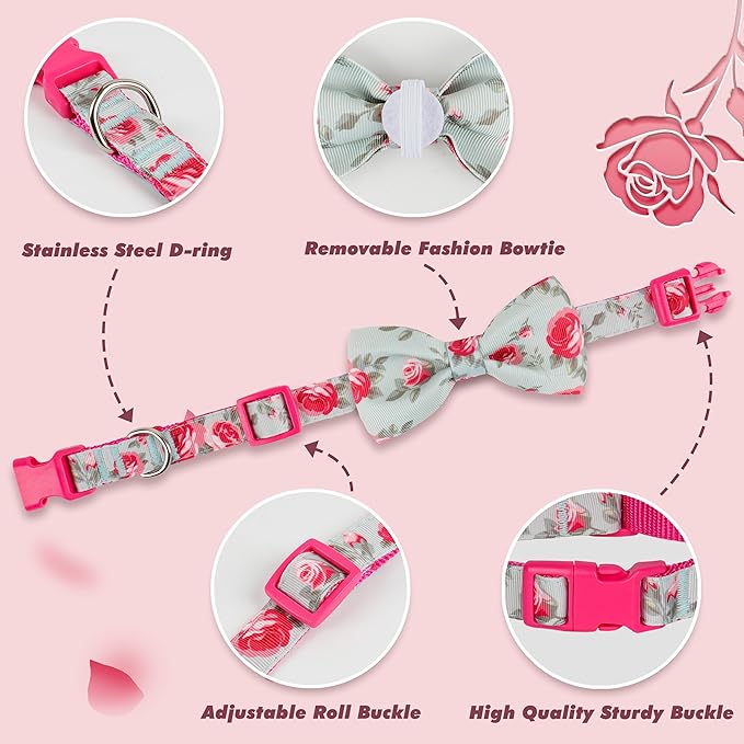 azuza Dog Collar with Bow Tie, Soft and Comfortable Adjustable Bowtie Dog Collar for Medium Dogs (M, Camellia Flower)