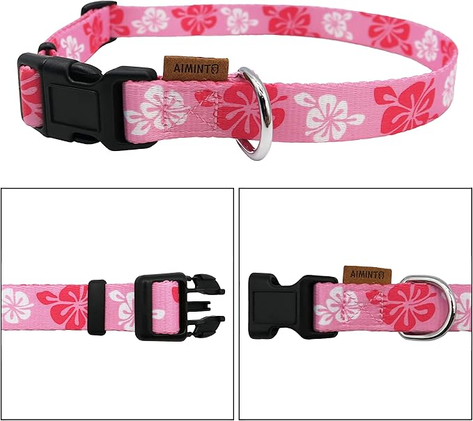 Dog Collar, Cute Floral Pattern, Soft and Adjustable Collar with Quick Release Buckle (L (Neck 16-28", Width 1"), Hawaiian Pink)