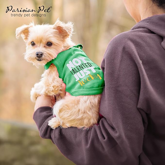 Parisian Pet Dog Tshirt - Embroidered “ Not Talented Just Lucky “ Dog Clothes - 100% Cotton Pet Vest - Sleeveless Green Tee Shirts - Machine Washable Shirt for Large Dogs - XL