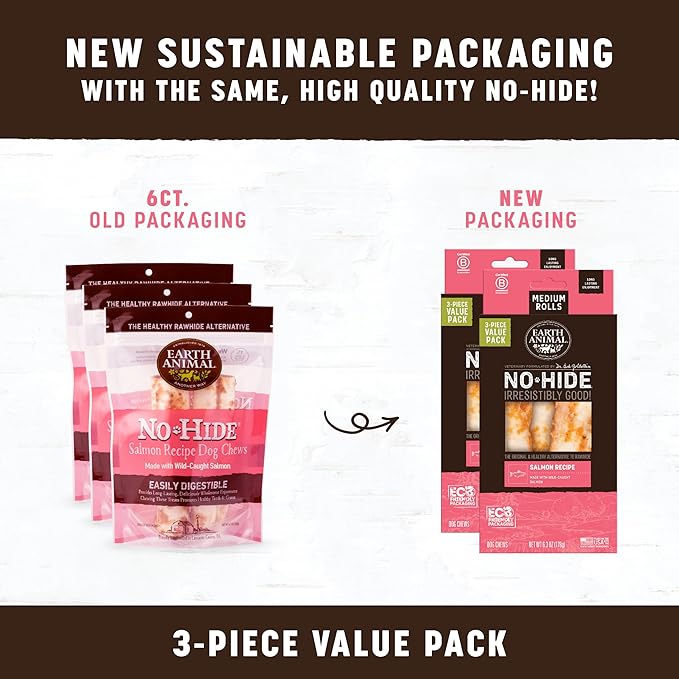 Earth Animal No Hide Medium Salmon Flavored Natural Rawhide Free Dog Chews Long Lasting Chew Sticks | Treats for Large Dogs | Great for Aggressive Chewers (3 Pack)