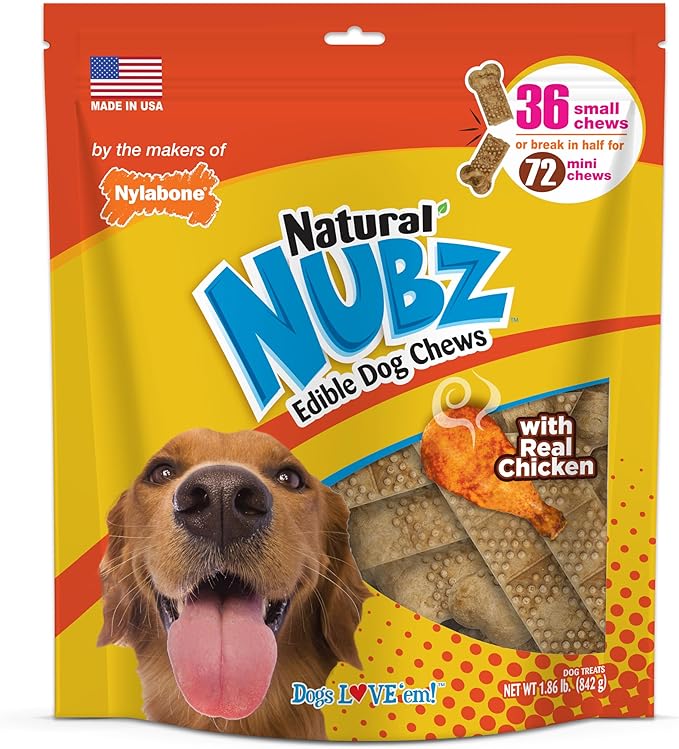 Nylabone Nubz Natural Edible Dog Chew Treats for Small Dogs, Long Lasting Dog Bones Made in USA, Chicken Flavor Dental Chews, for Dogs Up to 25 lbs. (36 Count)