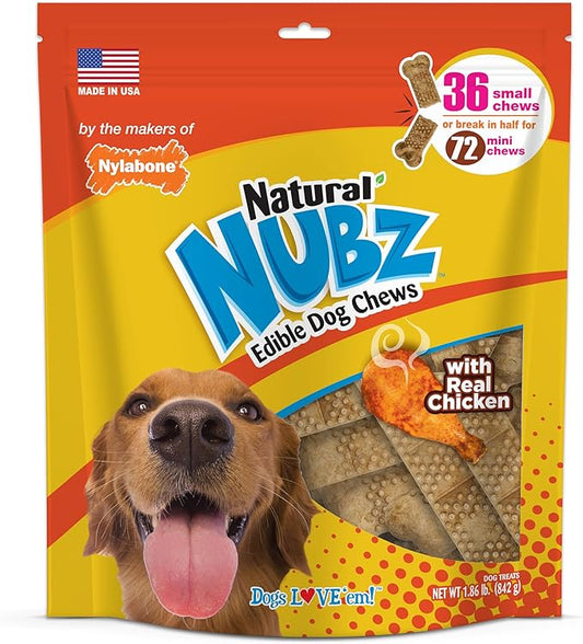 Nylabone Nubz Natural Edible Dog Chew Treats for Small Dogs, Long Lasting Dog Bones Made in USA, Chicken Flavor Dental Chews, for Dogs Up to 25 lbs. (36 Count)