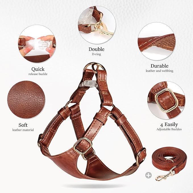 Didog Small Dog Harness and Leash Set, Soft & Lightweight Dog Vest Harness, Adjustable Leather Dog Harness for Small Dogs, Brown, XXS