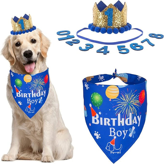 ADOGGYGO Dog Bandana Hat Set for Birthday Party Supply, Boy Girl Pet Birthday Scarf for Medium Large Dog (Large, Blue)