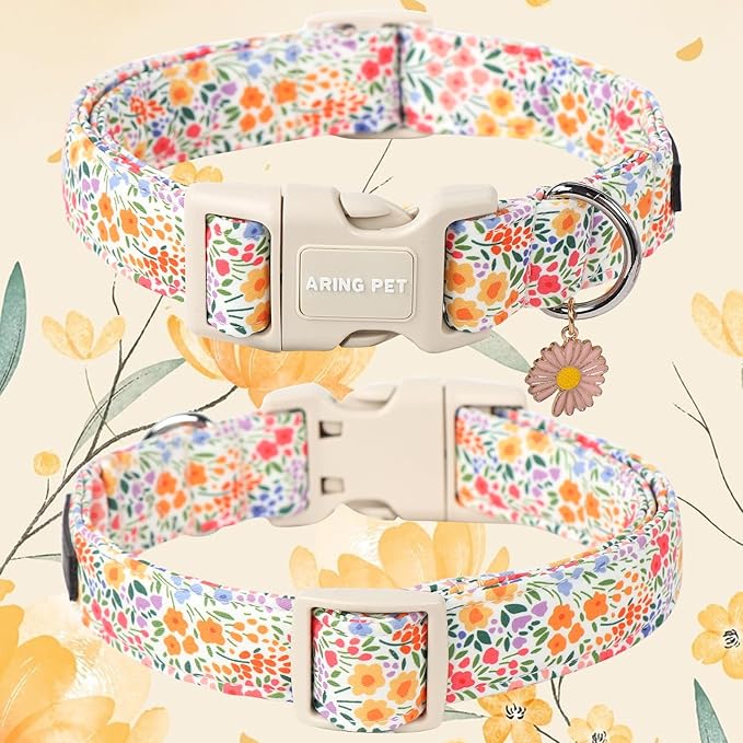 ARING PET Medium Floral Dog Collar - Adjustable Cotton, Reflective, Airtag Compatible
