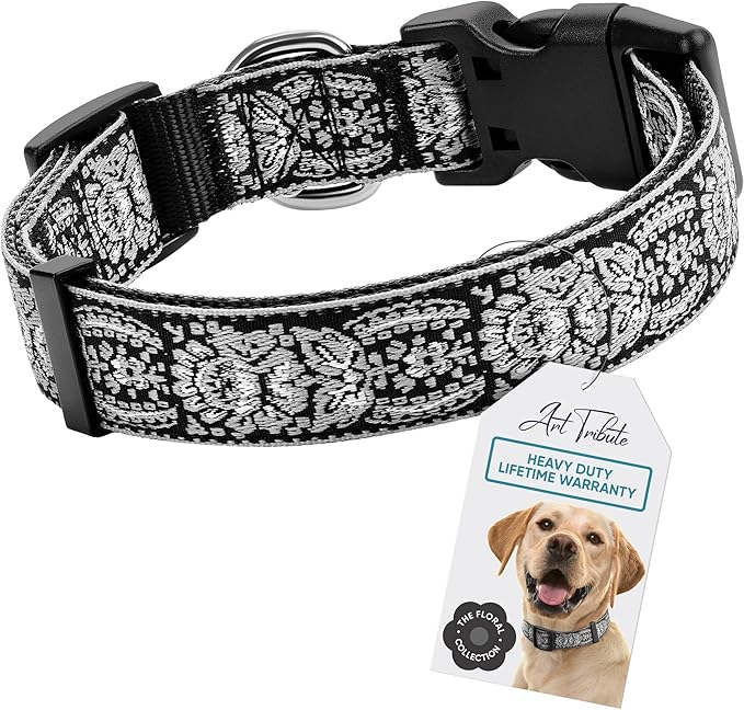 Dog Collar for Medium & Large - Black Silver Woven Pattern on Long Lasting, Adjustable, Strong and Durable Collars for Dogs - Choose from Stunning Patterns and Colors