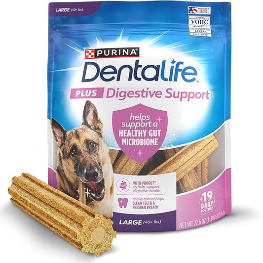 Dentalife Plus Digestive Support Dog Treats for Large Dogs 40 lbs. and up, Cleans Teeth, Freshens Breath, & Supports Healthy Gut, Chicken & Pumpkin Flavor, 22.6 oz., 19 Chews