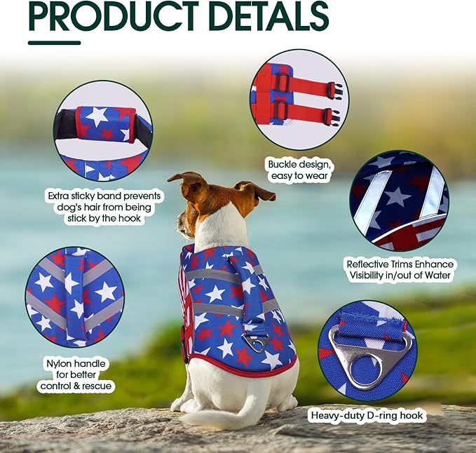 Kuoser Dog Life Jackets for Medium Dogs, American Flag Dog Life Vests for Swimming, Reflective Dog Life Vest Beach Boating with High Flotation, Dog Swim Vest for Medium Dogs