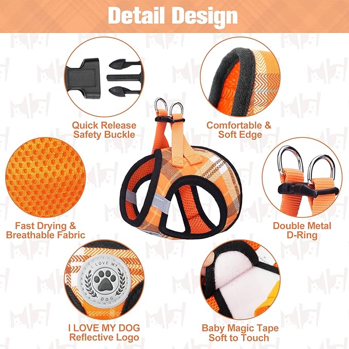 BEAUTYZOO Small Dog Harness and Leash Set,Step in No Choke No Pull Soft Mesh Dog Harnesses Reflective for Extra-Small Medium Puppy Dogs and Cats, Plaid Dog Vest Harness for XS S Pets, Orange XS