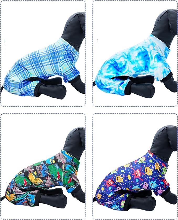 PET SHOW 4 Pack Small Dog Pajamas Cute Dinosaur Monster Clothes Doggies Soft Stretchy PJs Plaid Jumpsuit Puppy Cats Tie Dye Onesies Outfits with Sleeve Pets Dachshund Costume(XS, Blue for Boys)