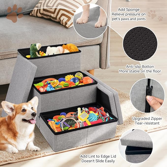 Dog Stairs with Storage 18" H, 3-Step Wider Dog Steps for Large/Medium/Small Older Dogs Cats, Folding Sturdy Pet Stairs Climbing Bed or Couch, Ramp for Car Up to 200 lbs, Smok Gray, No Condo