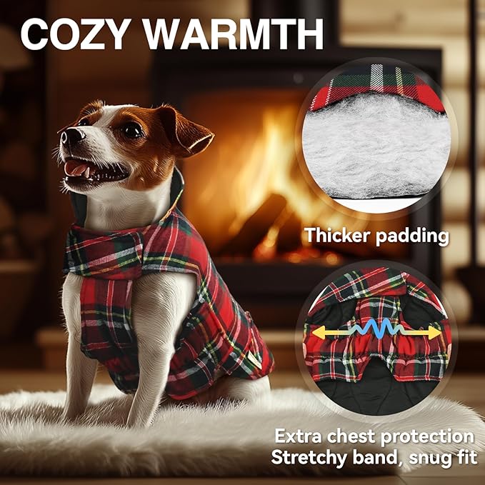 VIVAGLORY SoftJoy Dog Winter Coat - British Style Plaid Jacket & Vest for Snow, Cold Weather - Heavy Duty, Warm & Cozy, Reversible - L Red