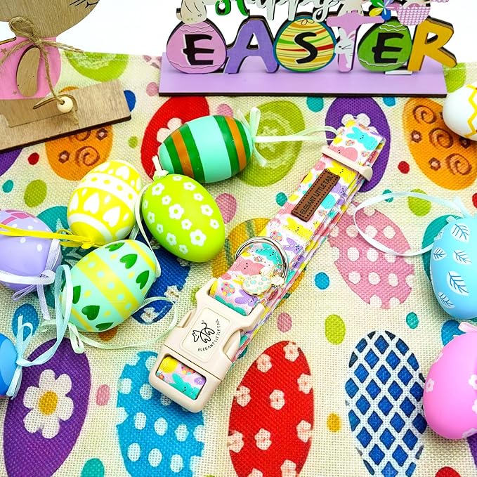 Elegant little tail Easter Dog Collar,Bunny Pattern Pet Collar Pink Durable Holiday Female or Male Adjustable Cotton Pet Collar with Quick Release Buckle for Medium Dogs