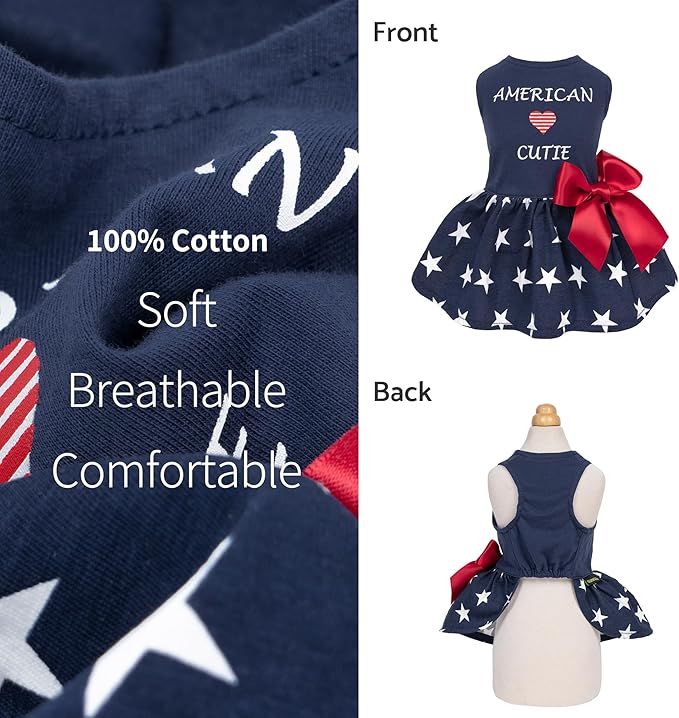 Fitwarm 100% Cotton 4th of July American Cutie Dog Clothes Memorial Day Dog Outfits Patriotic Dresses Doggie Dress Pet Cat Apparel Blue XXS