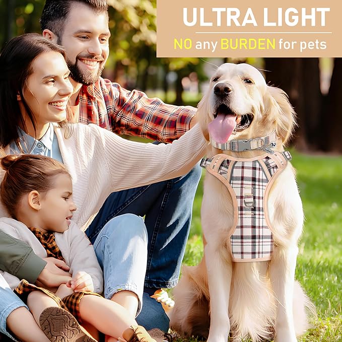 GAMUDA Dog Harness Collar and Leash Set, Dog Harness, No Chock No Pull Adjustable Vest Harnesses Plaid Reflective for Medium Dog, Cat, Small Horse, Small Bull and Pig (Beige, XS)