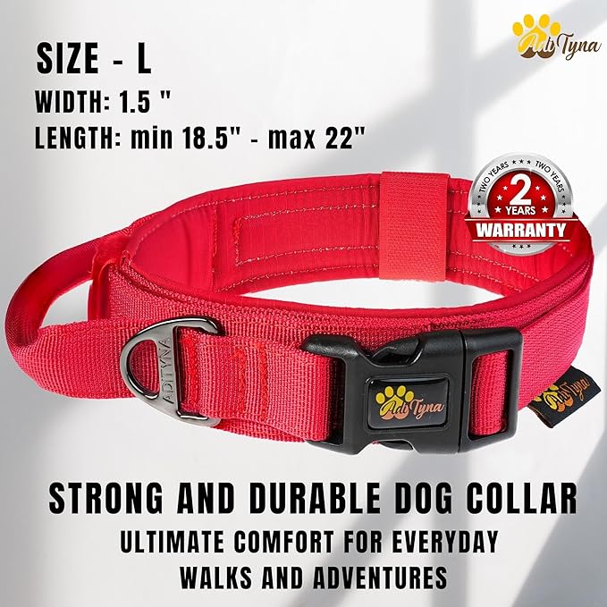 ADITYNA Heavy-Duty Tactical Dog Collar with Handle - Perfect Red Dog Collar for Training, Walking, or Hunting (Large: Fit 18.5-22" Neck, Red)