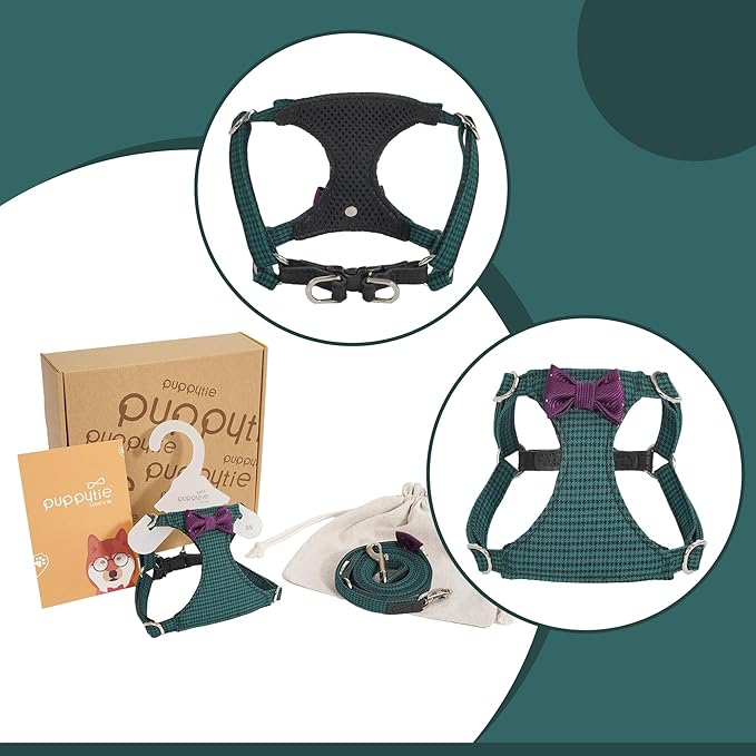 Puppytie No Pull xs Dog Harness with Multifunction Dog Leash,Soft Adjustable No Choke Escape Proof Pet Harness Vest,Glossy Dark Green,XXS