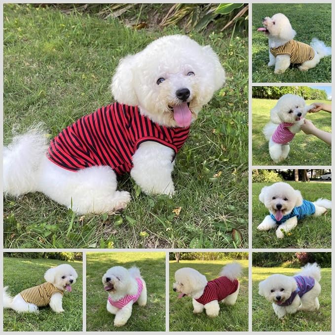 Dog Shirts Cotton Striped T-Shirts, Breathable Basic Vest for Puppy and Cat, Super Soft Stretchable Doggy Tee Tank Top Sleeveless, Fashion & Cute Color for Boys and Girls (XS, Black+Red)