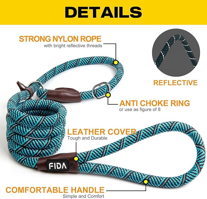 Fida Durable Slip Lead Dog Leash, 6 FT x 3/8" Heavy Duty Dog Loop Leashes, Comfortable Strong Rope Slip Leash for Small Dogs and Puppies, No Pull Pet Training Lead with Highly Reflective(3/8", Blue)