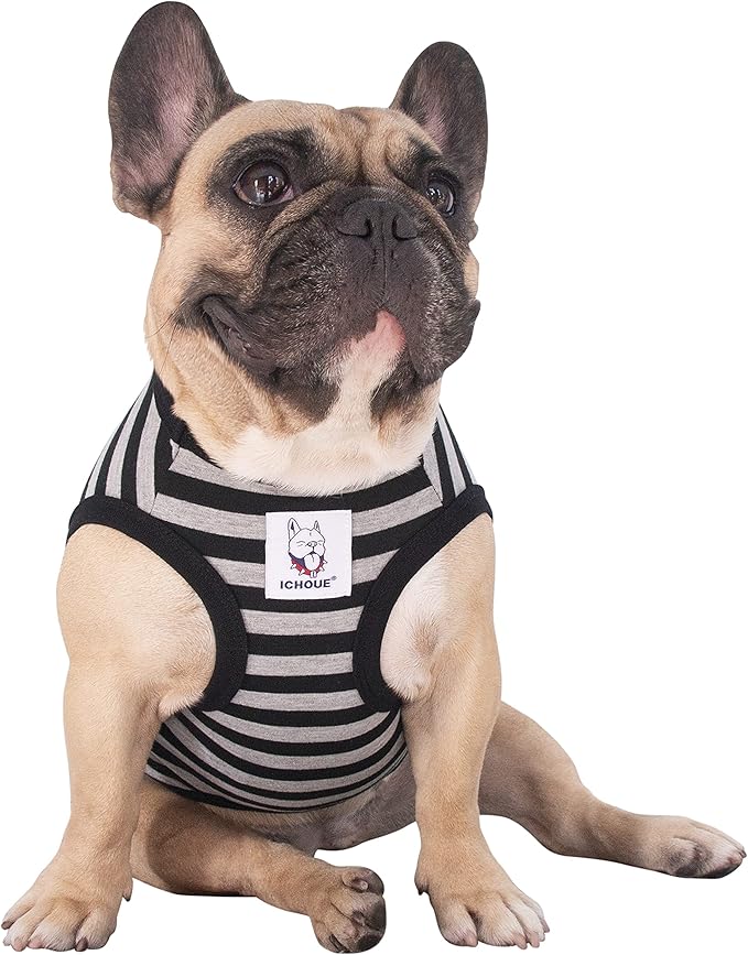 iChoue Pug 100% Breathable Cotton Striped T Shirts Halloween Vest Clothes for Medium Dogs Tank Tops Puppy French Bulldog Frenchie English Boston Terrier Pitbull Grey Black Stripes - Small