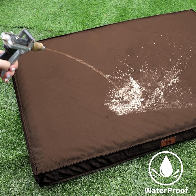 Outdoor All Weather XL Dog Bed, Waterproof Dog Bed for Extra Large Dogs, Orthopedic Egg Foam Pet Bed with Removable Washable Oxford Cooling Cover, Brown