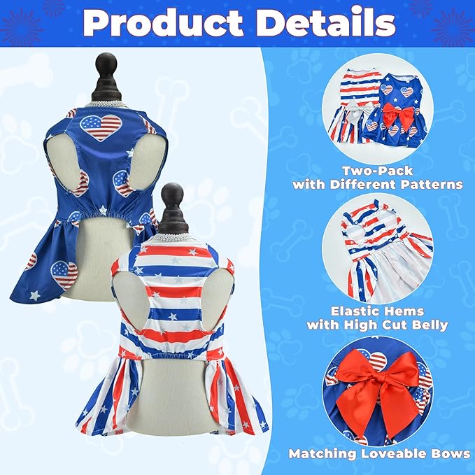 Vehomy 2-Pack 4th of July Dog Dresse American Flag Pattern Puppy Dress with Bow Independence Day Dog Skirt Stars & Stripes Dog Pet Holiday Outfit Apparel Clothes for Small Medium Dogs Cats M