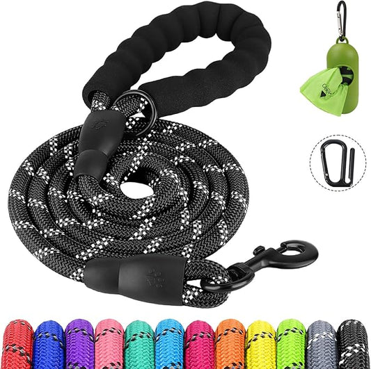 Joytale Reflective Dog Leash, Heavy Duty Nylon Rope with Poop Bag Holder, Highly Reflective Threads Leashes for Medium Large Dogs, Black, 6'×1/2''