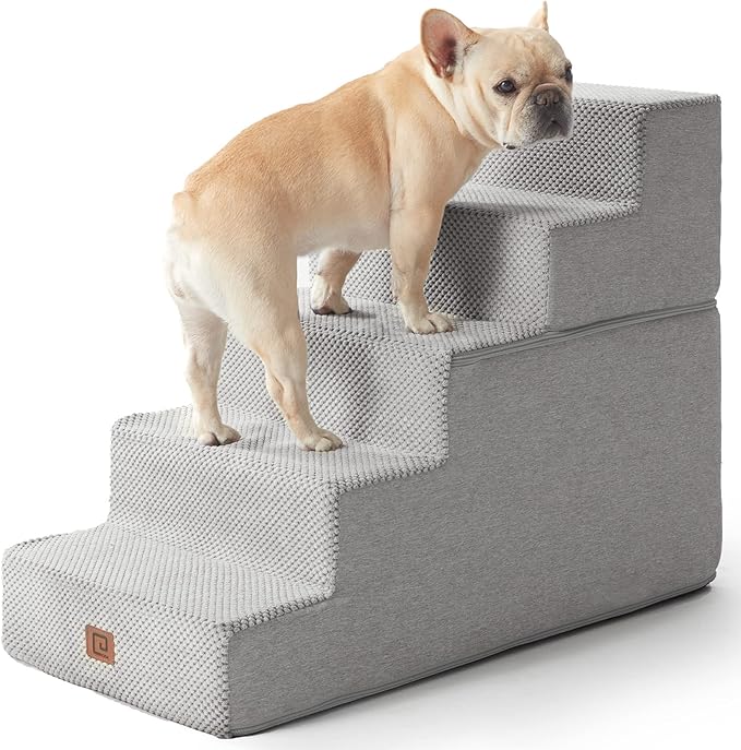 EHEYCIGA Dog Stairs for High Bed 22.5”H, 5-Step Dog Steps for Bed, Pet Steps for Small Dogs and Cats, Non-Slip Balanced Pet Ramp Indoor, Light Grey