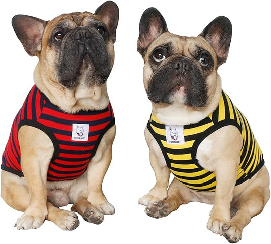 iChoue 2pcs French Bulldog Striped Shirts 100% Breathable Cotton Tank Tops Vests Clothes for Frenchie Dogs, Yellow and Red Stripes, Large