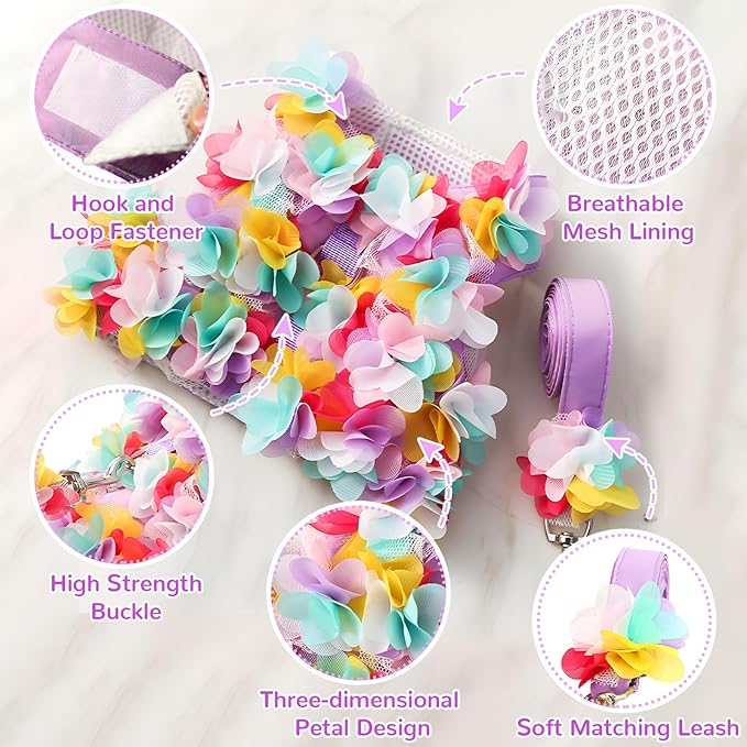 Cute Dog & Cat Harness Set - Purple Lace Floral Girl Puppy Harness - Soft Mesh, Escape Proof, Small Sizes