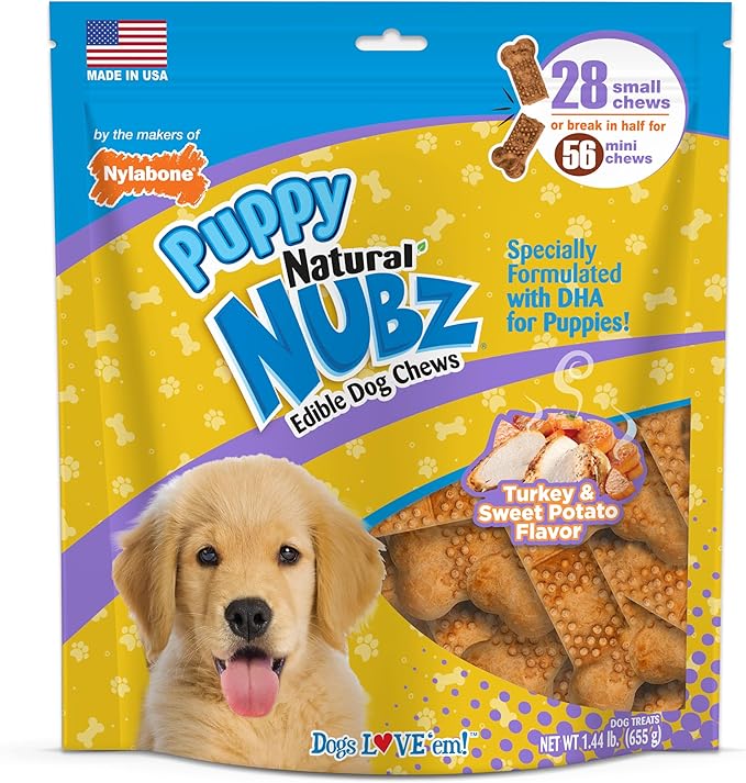 Nylabone Nubz Natural Edible Dog Chew Treats for Puppies, Long Lasting Dog Bones Made in USA, Turkey & Sweet Potato Flavor, for Puppies Up to 25 lbs. (28 Count)