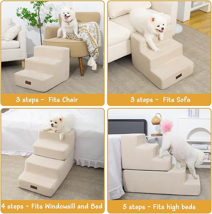 Dog Stairs for Small Dogs & Cats, 4-Step Non-Slip Pet Steps for Beds & Couches, Beige, 18.5" H