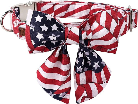 Lionet Paws Patriotic Dog Collar with Sailor Bow, 4th of July, Soft and Comfortable Adjustable American Flag Collar for Dogs, Medium, Neck 13.5-22 inches