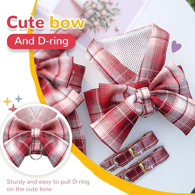 Dog Harness for Small Dogs With Bow and D-Ring - Soft Mesh Adjustable Set for Girl Puppies - Pet Harness and Leash