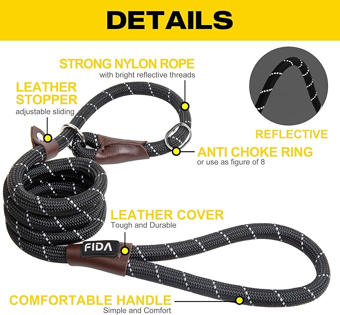 Fida Slip Leads for Dogs, 4 FT x 1/2" Heavy Duty Comfortable Strong Rope Leash for Large, Medium Dogs, No Pull Pet Training Leash with Highly Reflective, Black