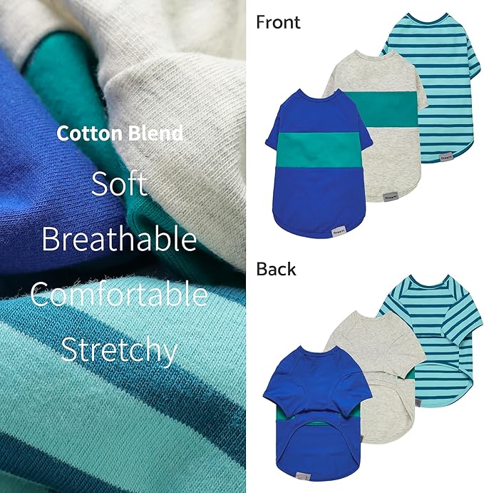 Fitwarm 3 Pack Color Block Striped Dog Shirt, Summer Dog Clothes for Small Dogs, Breathable Lightweight Pet Tshirt with Sleeves, Cat Outfit, Royal Blue, Gray, Teal, XL