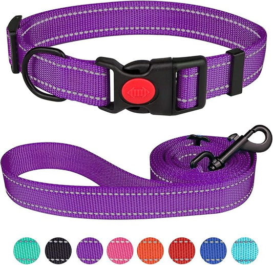 Reflective Dog Collar and Leash Set with Safety Locking Buckle Nylon Pet Collars Adjustable for Small Medium Large Dogs 4 Sizes(Purple&L)