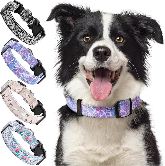 Dog Collar for Medium & Large Dogs - Flowers Cotton Padded Pattern on Long Lasting, Adjustable, Strong and Durable Collars - Choose from Stunning Patterns and Colors